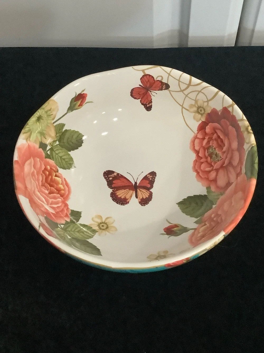 Pier 1 Floral & Butterfly Ceramic Serving Bowl - Coral and Green